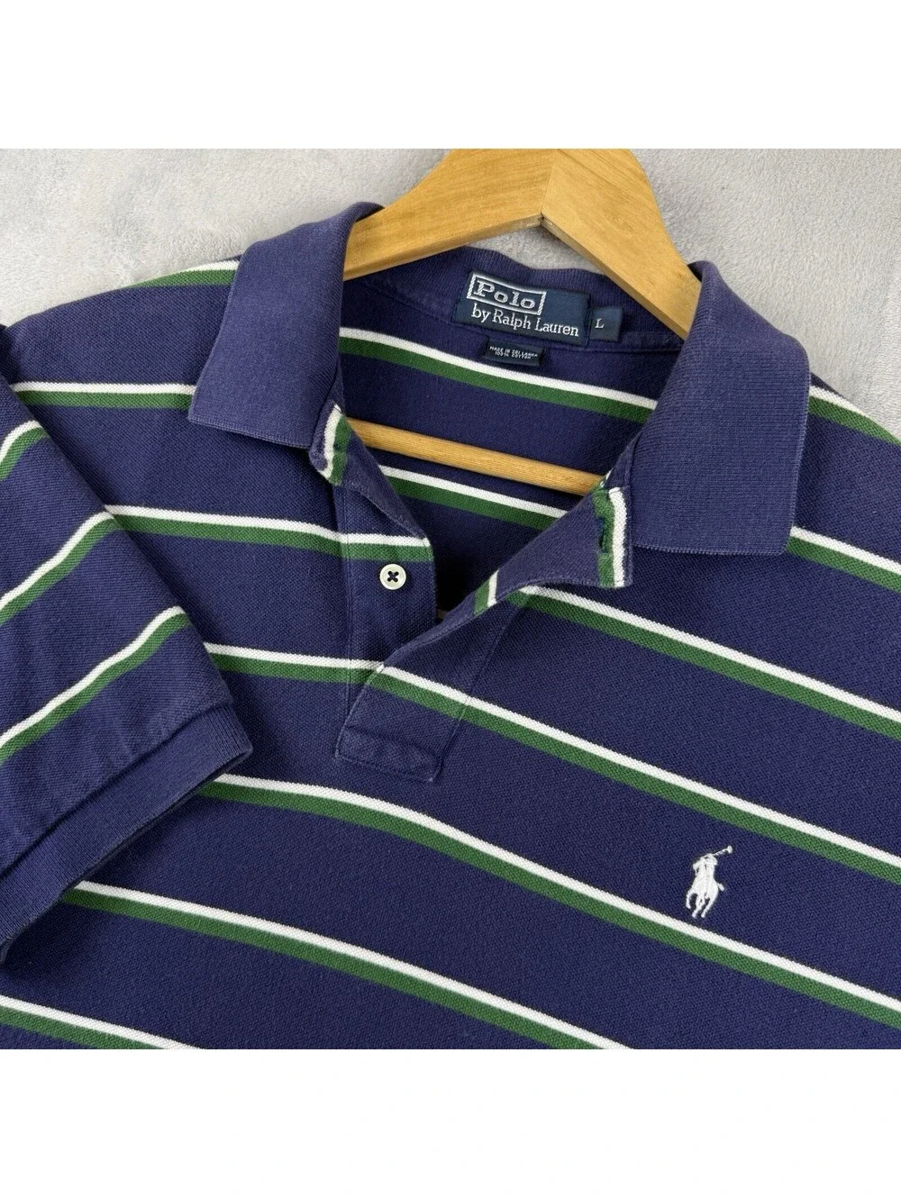 Polo Ralph Lauren Men’s L Navy Green Stripe Polo Shirt Cotton Pony Casual Preppy